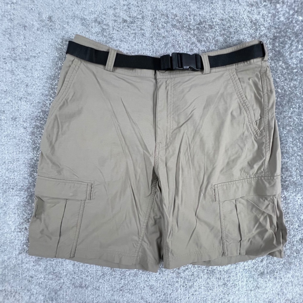 REI Co-op Mens Sahara Cargo Shorts Khaki Tan Nylon Spandex Stretch Size 36 Belt